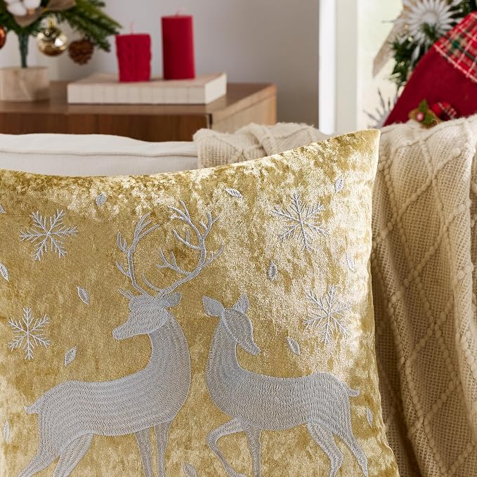 KINDREX Christmas Deer Snowflake Throw Pillow Covers 18x18 Set of 2 Winter Holiday Decorative Gold Embroidered Luxurious Soft Velvet Accent Pillowcase for Sofa Couch Bed Living Room Home Decor
