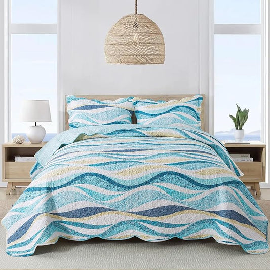 NEWLAKE Quilt Bedspread Sets - West Coastal Pattern Reversible Coverlet Set, King Size
