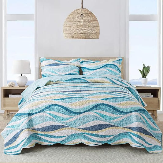NEWLAKE Quilt Bedspread Sets - West Coastal Pattern Reversible Coverlet Set, Queen Size