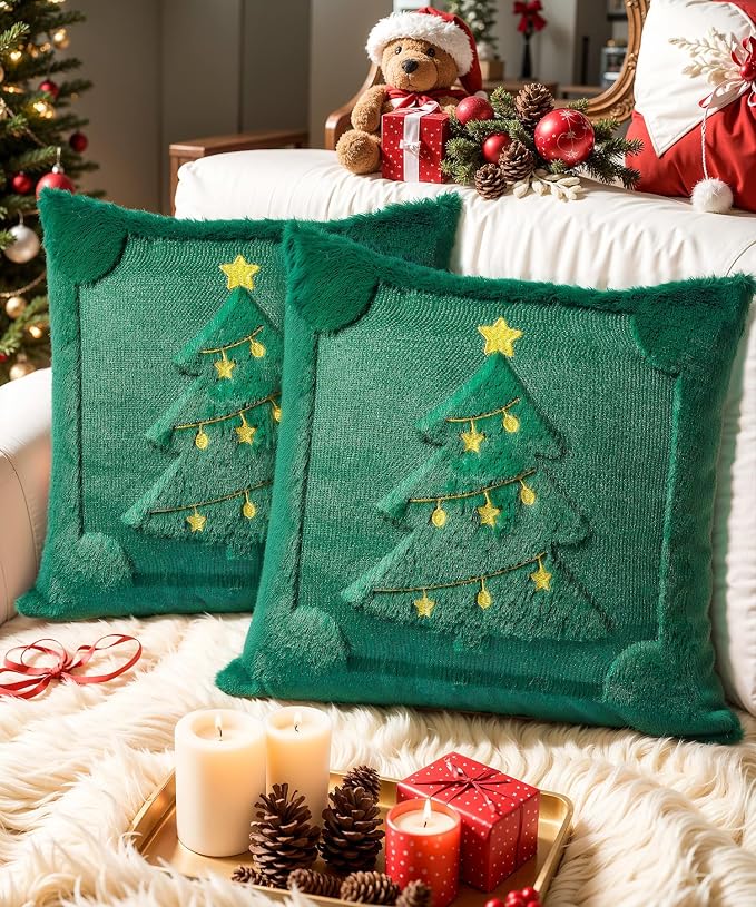 Christmas Pillow Covers Set of 2 Soft Plush Faux Fur Pillow Cases 3D Embroidered Decorative Couch Cover Home Decor Christmas Throw Pillow Covers 18x18,Green Christmas Tree