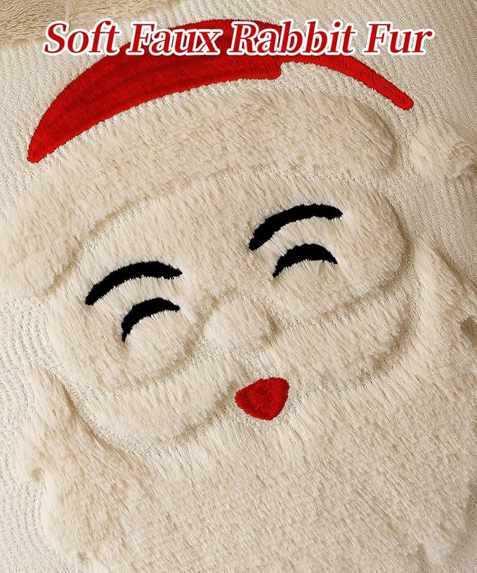 Christmas Pillow Covers Set of 2 Soft Plush Faux Fur Pillow Cases 3D Embroidered Decorative Couch Cover Home Decor Christmas Throw Pillow Covers 18x18,Beige Santa Clauss