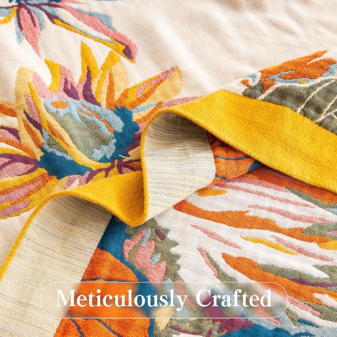 Phuryllic Boho Throw Blanket Throw Size, Soft Cozy Cotton Muslin Quilt Blanket for Bed Decor, Floral Patterned Couch Sofa Chair Cover, Vintage Farmhouse Cottage Tapestry Woven Blanket, Yellow&Blue