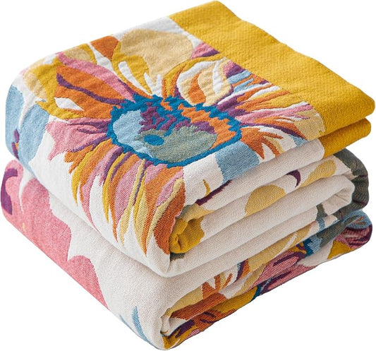 Phuryllic Boho Throw Blanket Twin Size, Soft Cozy Cotton Muslin Quilt Blanket for Bed Decor, Floral Patterned Couch Sofa Chair Cover, Vintage Farmhouse Cottage Tapestry Woven Blanket, Yellow&Blue