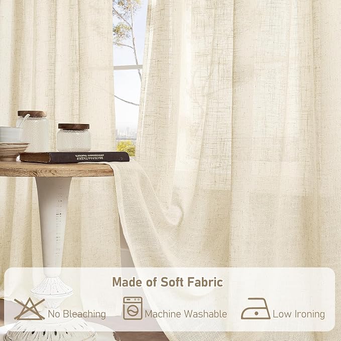 Semi Sheer Beige Linen Curtains 36 Inch Length for Small Window | Light Filtering Panels, Neutral Drapes for Cafe Bathroom, Kitchen, Loft Room, Rod Pocket Back Tab, 2 Panels, 25 x 36 Inch