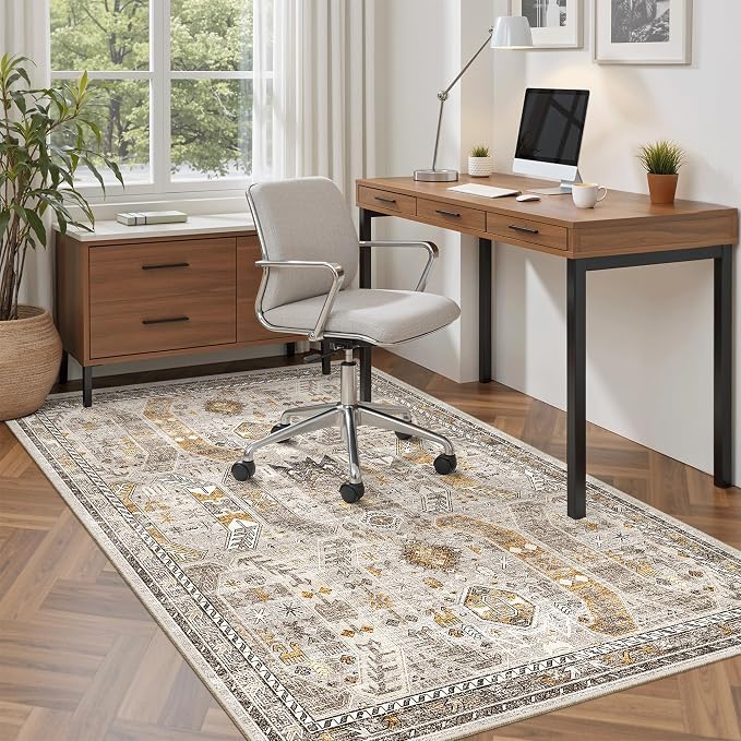 Madane Area Rug 4x6 Washable Rugs Vintage for Living Room, Brown/Gold | Ultra-Thin Stain Resistant Vintage Large 4'X6' Carpet, Soft Low Pile Floor Mat For Bedroom Dining Room Office Home Decor
