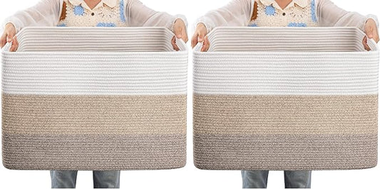 OIAHOMY 108L Large Cotton Rope Basket, Rectangle Woven Baskets for Storage, Nursery Blanket Storage Living Room, Toy Basket With Handle-25”x16”x16”-Gradient Yellow (Pack of 2)