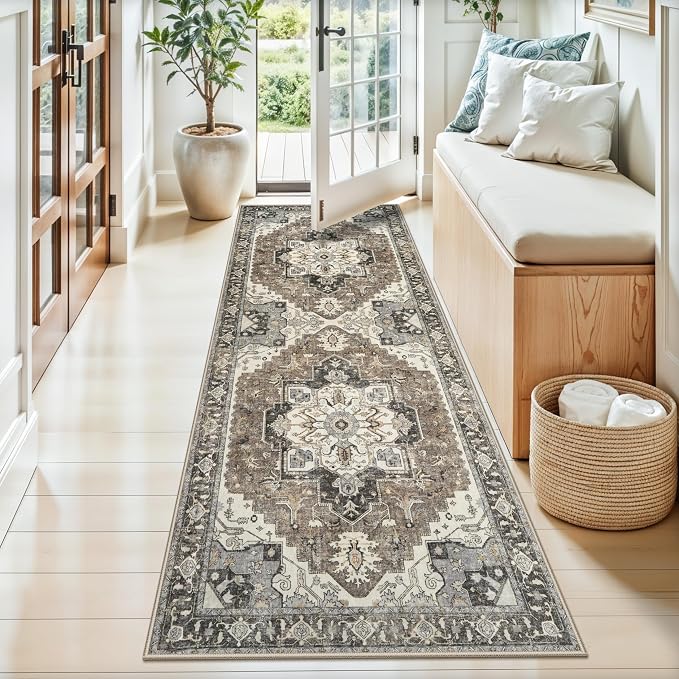 Washable Kitchen Runner Rug 2x6 - Hallway Rugs Low Pile Entryway Carpet Vintage Soft Non-Slip Stain Resistant Indoor Floor Distressed Mat Home Decor for Bedside Bathroom Entrance(Beige/Blue/Grey,2x6)