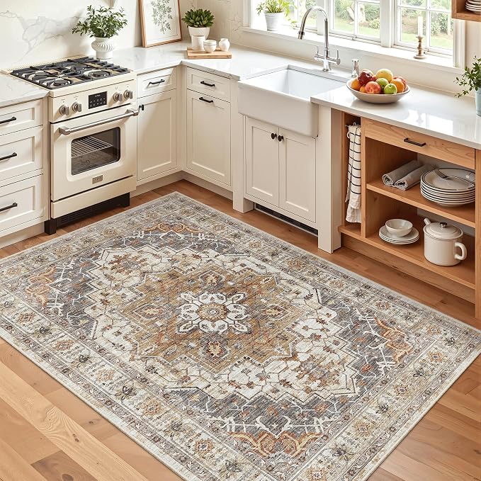 Madane Area Rug 3x5, Washable Vintage Entry Rugs for Bedroom, Turmeric/Grey | Vintage Entryway Bedroom Non Slip Door Mat Indoor Entrance, Kitchen Runner Living Room Laundry Playroom Soft Floor Carpets