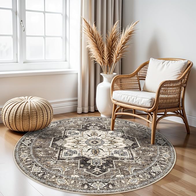 RUUGME Ultra-Thin Washable Round Rug: 4ft Vintage Circle Area Rugs for Living Room Bedroom Stain Resistant Carpet Non-Slip Backing Soft Low Pile Floor Mat for Dinning Room Entryway(Beige,4'Round)