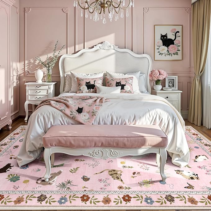 AIMPEAK Pink 6x9 Washable Area Rug - Non Slip Low Pile Cat Floral Boho Vintage Carpet for Living Room, Bedroom, Farmhouse, Dining Room, Nursery, Kids Playroom, Pink Multi