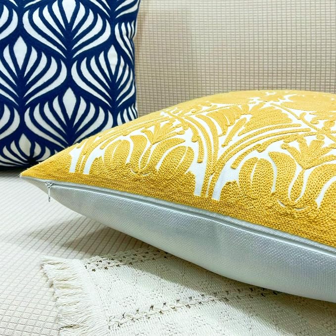 Slow Cow Yellow Canvas Embroidery Decorative Throw Pillow Cover Cushion Cover for Couch Sofa 18 x 18 Inches