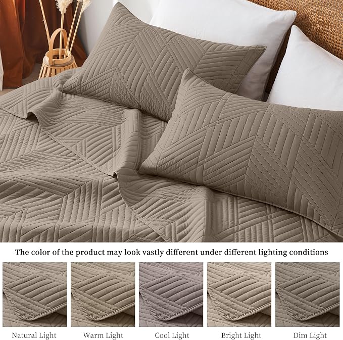 Davulos Twin Quilt Set,Mocha Brown Lightweight Reversible Bedspread for All Seasons,Soft Modern Microfiber Geometric Coverlet for Dorm Room or Guest Bedroom(1 Quilt,1 Pillow Sham)