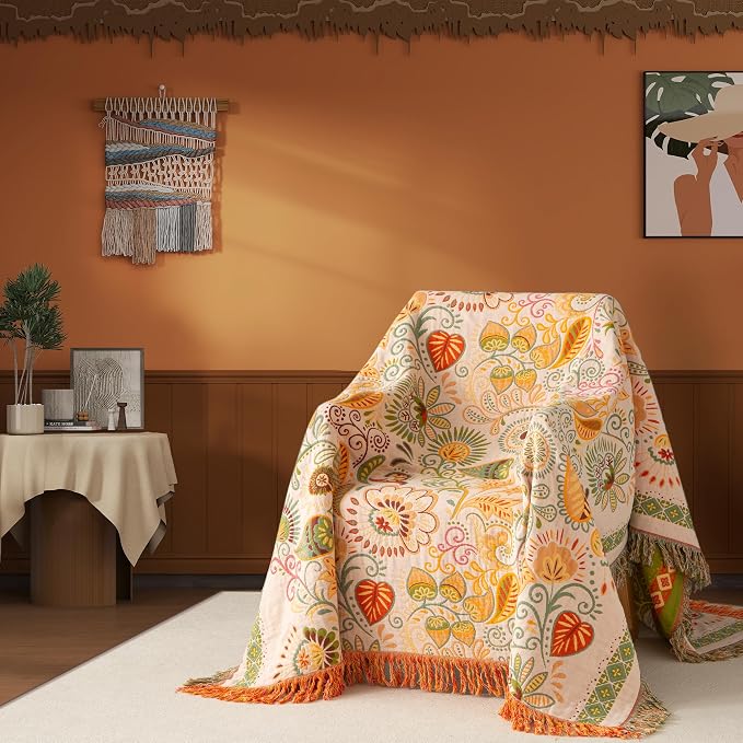 Phuryllic Boho Throw Blanket Full Size, Extra Large Soft Cozy Cotton Muslin Quilt Blanket for Bed Decor, Floral Patterned Couch Sofa Chair Cover, Vintage Farmhouse Cottage Woven Blanket, Coral&Green