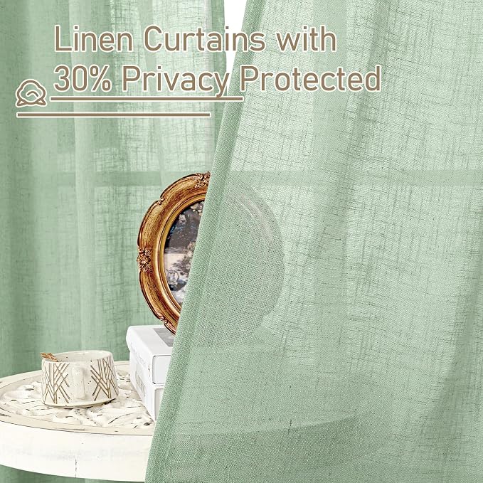 Fresh Green Linen Curtains for Bedroom 54 Inch Length 2 Panels | Semi Sheer, Light Filtering, Curtains for Farmhouse, Dining Room, Kitchen, Bronze Grommet, Neutral Drapes, 52 x 54 Inch