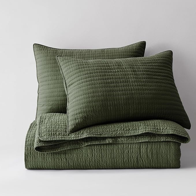 WDCOZY 100% Cotton King Size Quilt Set - Olive Green Striped Pick Stitch Soft Lightweight Bedspread, Textured Like Linen, Farmhouse Country Rustic Coverlet, Shabby Chic Gauze Bedding, 3 Pieces