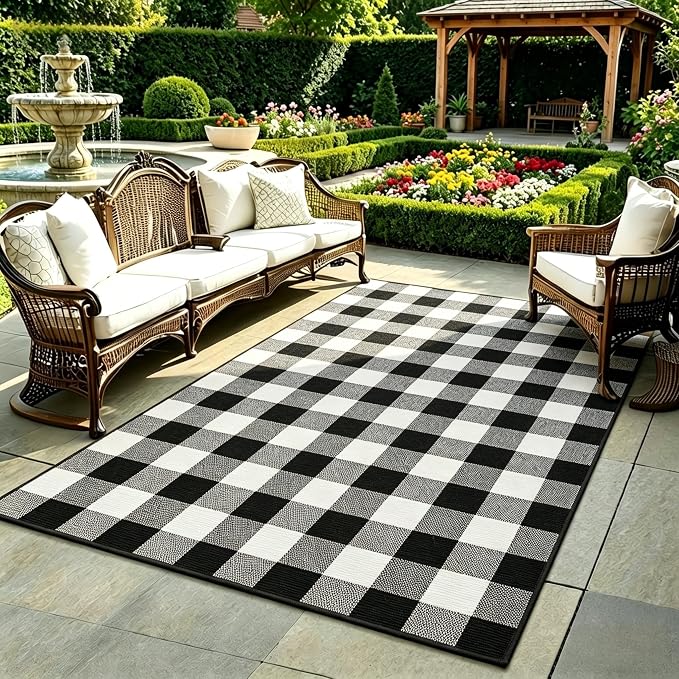 SEEKSEE Buffalo Plaid Rug 4' x 6' Black and White Large Front Door Mat, Layering Area Rug, Washable Cotton Rug for Outdoor Patio Entryway Indoor Living Room Kitchen Dining Room Decor