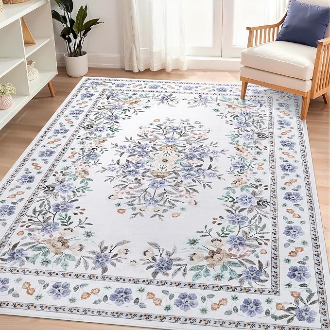 GarveeHome 4x6 Floral Area Rug for Nursery Vintage Botanical Floor Carpets | Machine Washable Flower Bordered Accent Mat Non-Slip Low Pile Floral Rugs for Living Room Bedroom Dining Room Beige