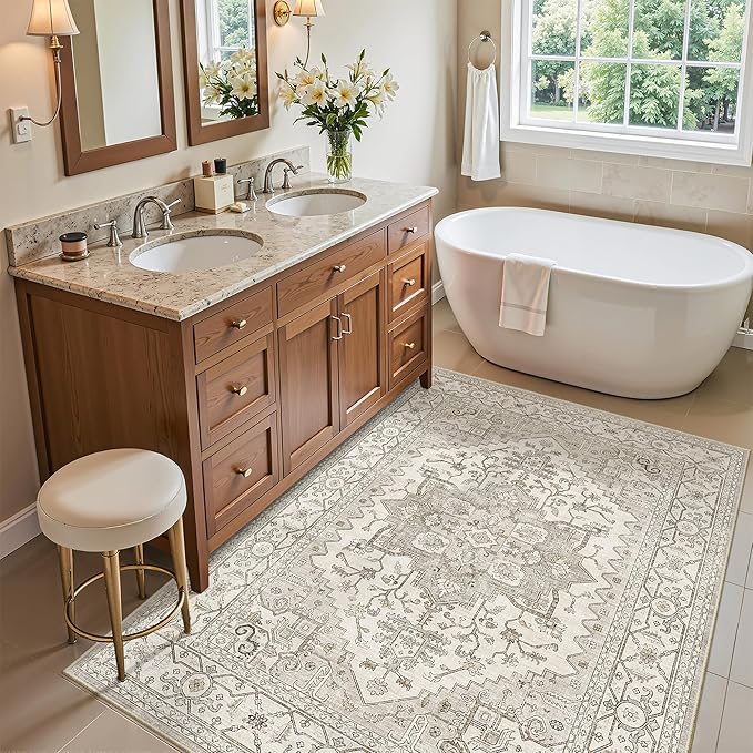 Madane Washable Entry Rug 3x4 Area Rugs for Entryway Kitchen, Beige/Brown | Vintage Printed Door Mat Indoor Entrance, Low-Pile Floor Carpet Runner for Inside Front Bedroom Kitchen Entry Laundry, Stair