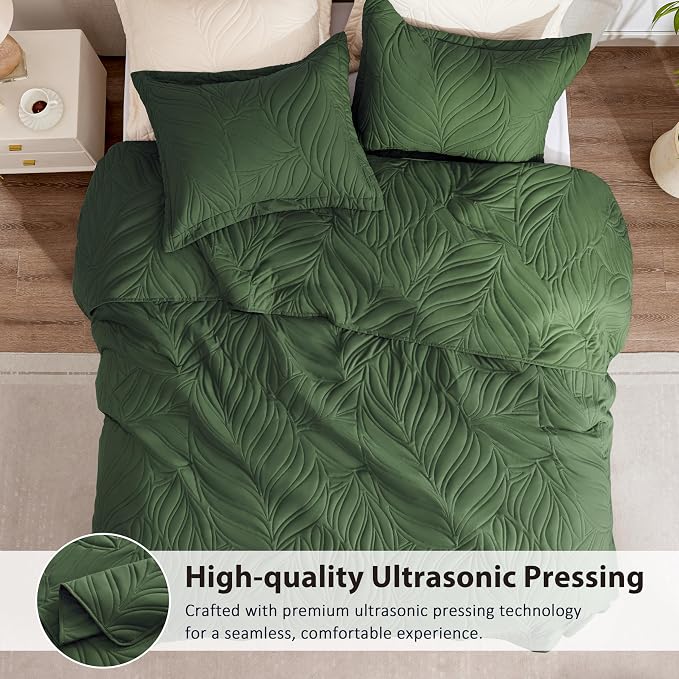 EXQ Home Quilt Set King Size Olive Green 3 Piece,Lightweight Soft Coverlet Modern Style Leaf Pattern Bedspread Set(1 Quilt,2 Pillow Shams)