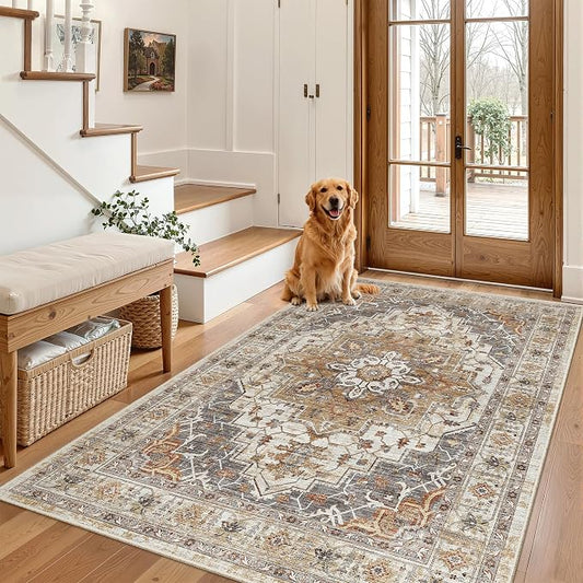 Madane Area Rug 3x5, Washable Vintage Entry Rugs for Bedroom, Turmeric/Grey | Vintage Entryway Bedroom Non Slip Door Mat Indoor Entrance, Kitchen Runner Living Room Laundry Playroom Soft Floor Carpets