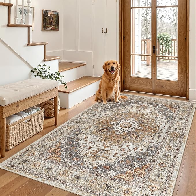 Madane Area Rug 4x6 Washable Rugs Vintage for Living Room, Turmeric/Grey | Ultra-Thin Stain Resistant Vintage Large 4'X6' Carpet, Soft Low Pile Floor Mat For Bedroom Dining Room Office Home Decor