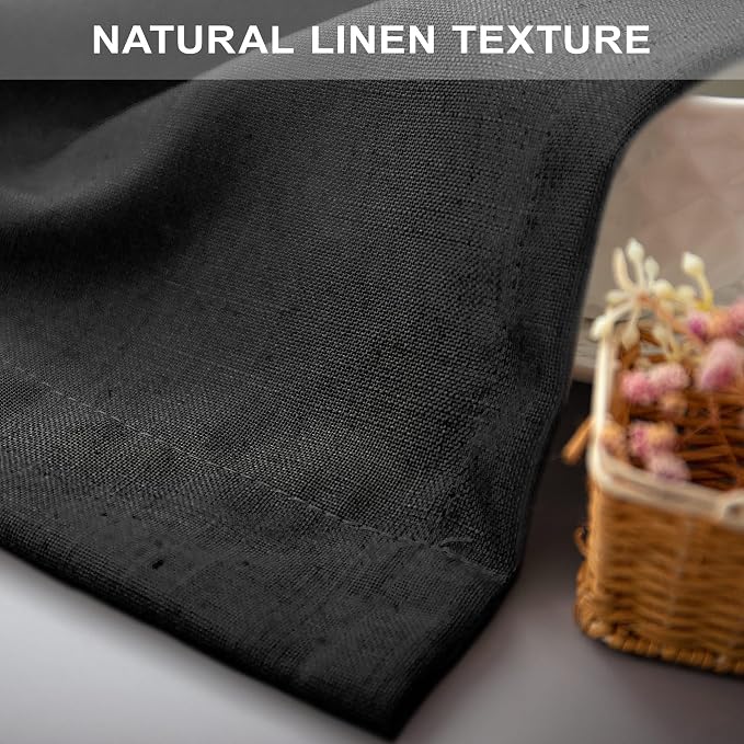 Black Linen Curtains 84 Inch Length for Living Room 2 Panel Back Tab Pocket Muslin Light Filtering Semi Privacy Thick Sheer Floor Length Curtain for Mens Bedroom Man Cave Modern Farmhouse Gothic Decor