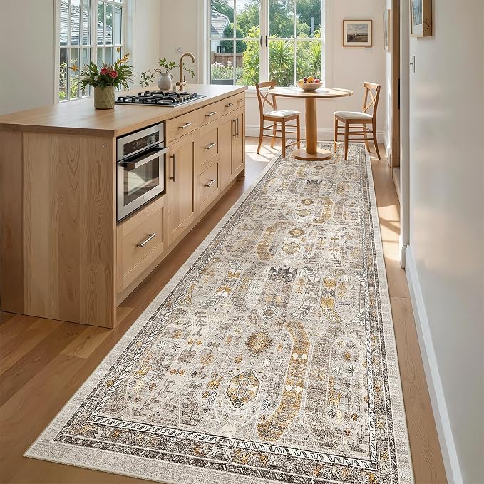 Madane Hallway Runner Rug 3x10 Washable Kitchen Runners 10ft, Brown/Gold | Vintage Non-Slip Entryway Area Rugs Indoor, Low-Pile Farmhouse Wide Floor Carpet for Bathroom Living Room Bedroom