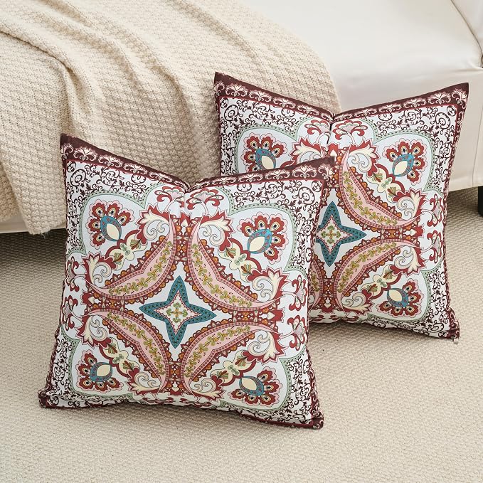 Boho Throw Pillow Covers 18X18 Inch Set of 2 Bohemian Soft Velvet Couch Pillow Cases Farmhouse Decorative Pillow Covers for Sofa Living Room Bedroom Outdoor Patio Porch Crimson Paisley