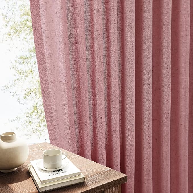 Linen Curtains 84 Inches Long for Living Room Semi Sheer Light Filtering Curtain Back Tab Rod Pocket Neutral Boho Modern Farmhouse Decor Window Drapes for Bedroom 52x84 2 Panels Canyon Rose
