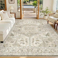 Madane 6x9 Area Rugs for Living Room, Vintage Washable Rug, Ivory/Brown | Stain Resistant Floor Carpet With Non-Slip Backing For Bedroom, Dining Bedroom And Office, Soft Low-Pile Home Decor Mat