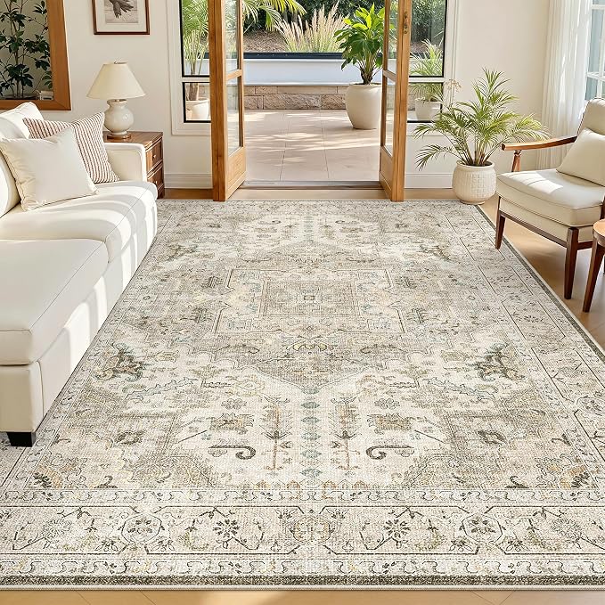 Madane 5x7 Area Rugs for Living Room, Non-Slip Washable Rug, Ivory/Brown | Ultra-Thin Stain Resistant Vintage Large 5'X7' Carpet, Low-Pile Floor Mat For Bedroom Dining Room Office Home Decor