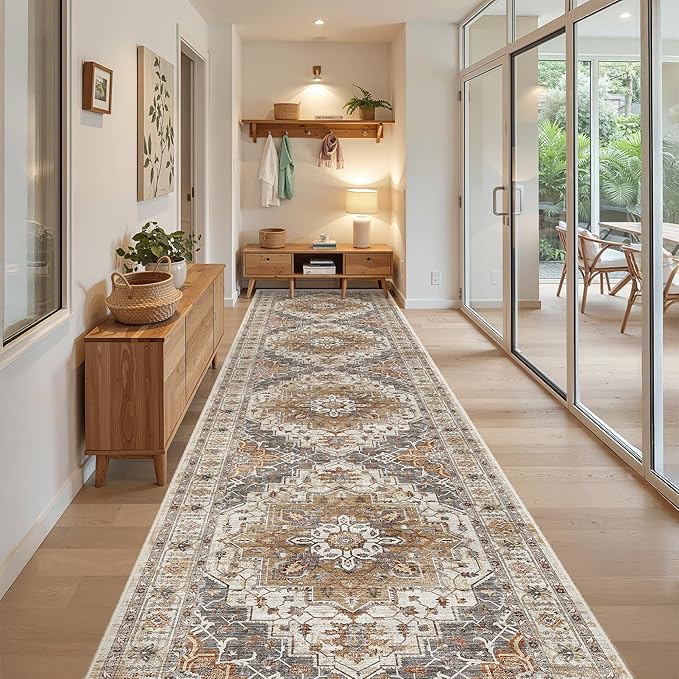Madane Hallway Runner Rug 3x14 Washable Kitchen Runners Long, Turmeric/Grey | Vintage Non-Slip Wide Area Rugs 14ft for Entryway, Soft Thin Low-Pile Farmhouse Indoor Floor Carpet for Living Room Bedroom