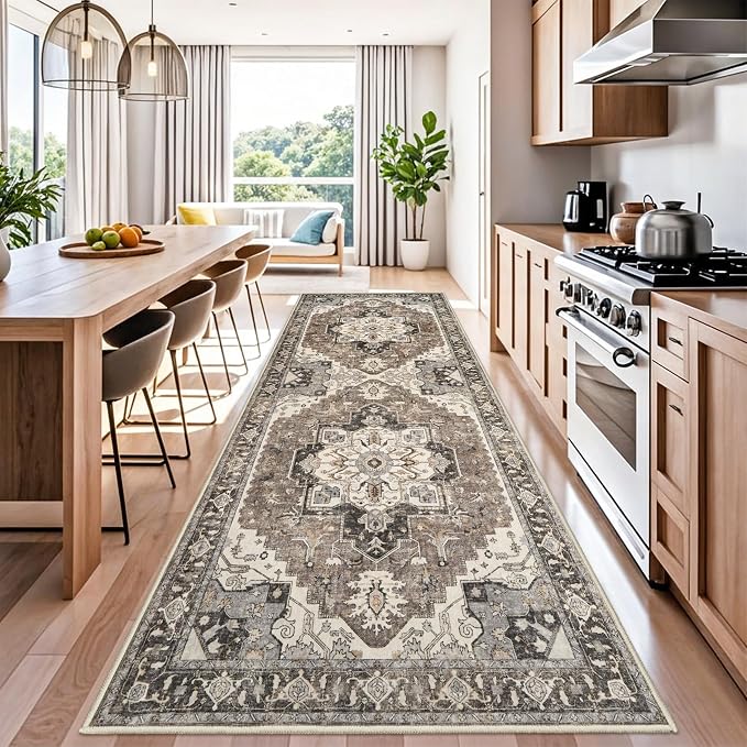 Washable Kitchen Runner Rug 4x12 - Low Pile Soft Rugs for Hallway Entryway Wide Vintage Stain Resistant Carpet with Non-Slip Rubber Backing Thin Indoor Floor Mat for Living Room Bedroom (Beige,4x12)