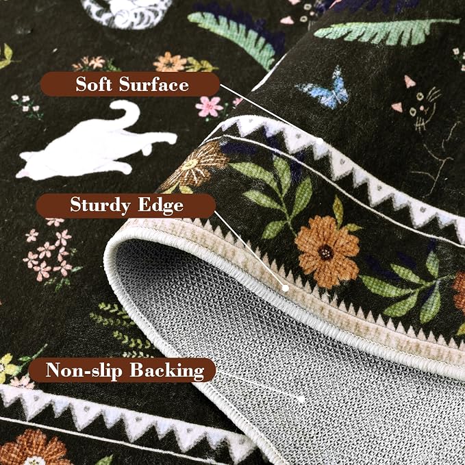 AIMPEAK Black 6x9 Washable Area Rug - Non Slip Low Pile Cat Floral Boho Vintage Carpet for Living Room, Bedroom, Farmhouse, Dining Room, Nursery, Girls Room, Kids Playroom, Black Multi