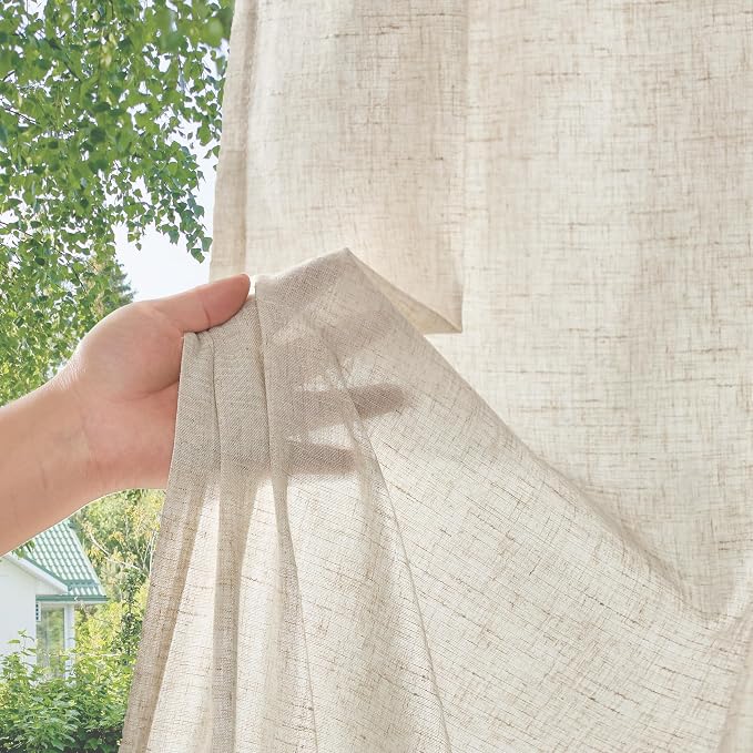 jinchan Linen Curtains for Living Room Bedroom Light Filtering Semi Sheer Curtains Boho Farmhouse French Country Cottage Core Decor Window Drapes Back Tab 90 Inch Length Tassel Beige