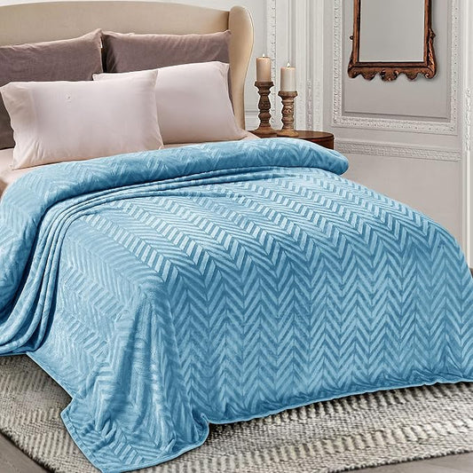 Whale Flotilla Flannel Fleece Bed Blanket King Size, Stone Blue | Lightweight Breathable Soft Bedspread, Plush Fluffy Coverlet Chevron Design Decorative Blanket for All Season, 90x104 Inch