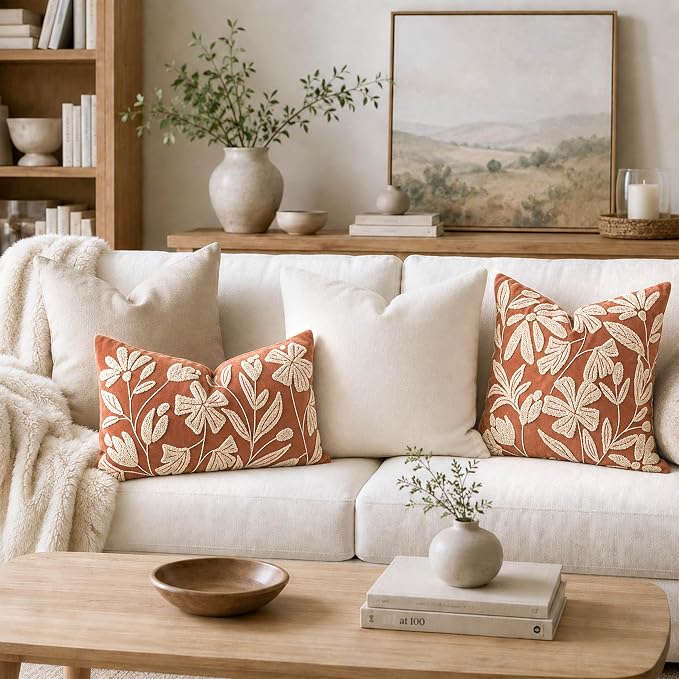 BlissBlush Throw Pillow Cover 20x20 Inch, Rust Terracotta Floral Tufted Velvet Decorative Accent Pillow Case for Sofa Bed Living Room, Cover Only