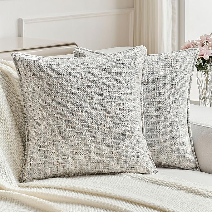 FUTEI Pack of 2 Chenille Tweed Vintage Throw Pillow Covers 18x18 Inch Soft Decorative Cushion Case Modern Farmhouse Accent for Couch Bed Living Room, Grey