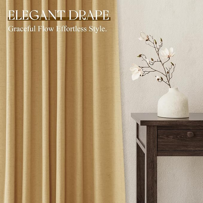 Jowels Gold Yellow Linen Curtains 84 Inch Long 2 Panels for Living Room | Light Filtering Semi Sheer Curtain, Back Tab Pocket Pleated Look, Boho Farmhouse Textured Privacy Drapes for Bedroom Window