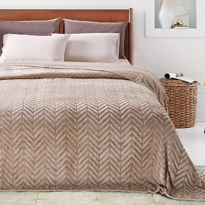 Whale Flotilla Flannel Fleece Bed Blanket Twin XL Size, Champagne | Lightweight Breathable Soft Bedspread, Plush Fluffy Coverlet Chevron Design Decorative Blanket for All Season, 90x66 Inch