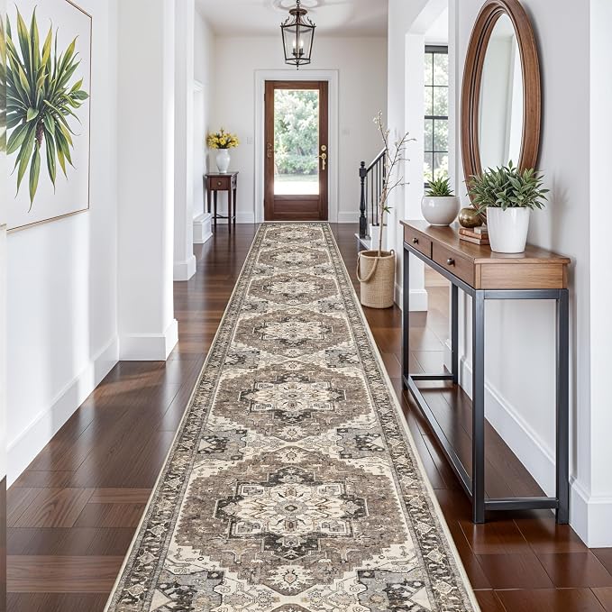 Washable 3x25 Long Hallway Runner - Non-Slip Stain Resistant Kitchen Rug Distressed Mats Low Plie Soft Ultra Thin Room Floor Carpet for Living Room Dining Room(Beige,3x25)