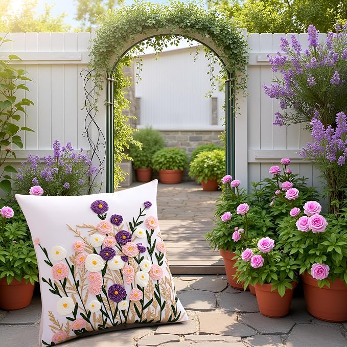 Embroidered Throw Pillow Covers 18x18 Pack of 2 Floral Pillow Covers Farmhouse Pillowcases Outdoor Garden Cushion Case Summer Decorations for Home (Purple and Pink Flower)