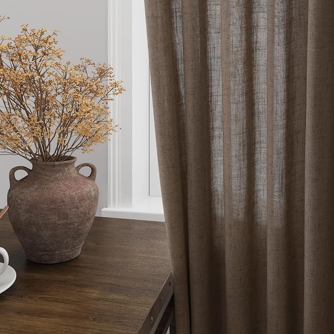 Extra Long Light Brown Curtain 108 Inches Long 2 Panels Set Back Tab Linen Drapes for Living Room Neutral Farmhouse Light Filtering Semi Sheer Linen Curtains 108 Inch Length for Large Window 9 FT