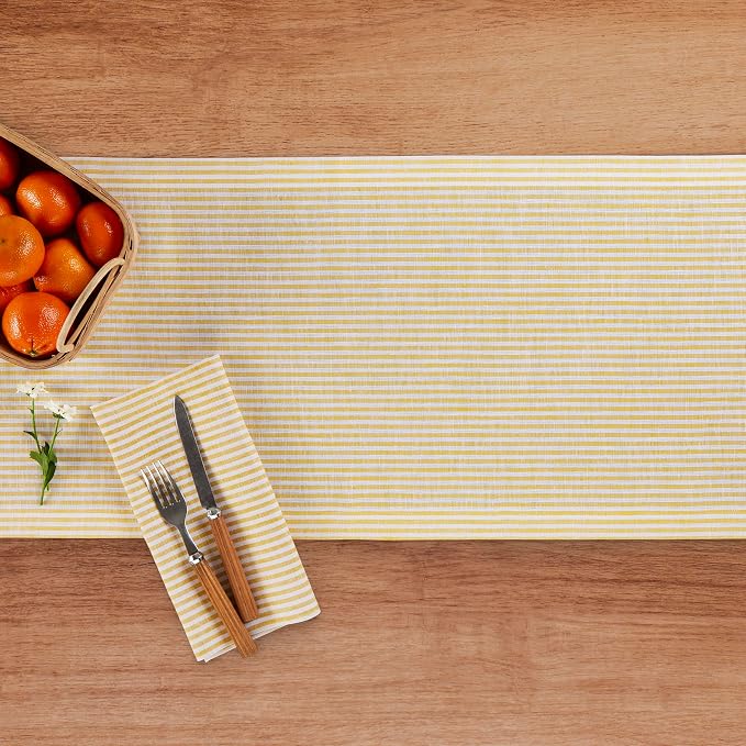 Solino Home 100% Linen Table Runner, 14 x 144 in, Mustard and White Striped | Narrow Stripe, dresses up dining tables for everyday meals, woven stripe, European flax fibres, soft, OEKO-TEX Certified