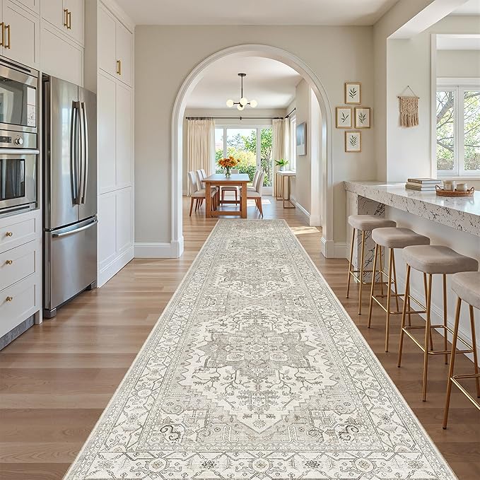 Madane Hallway Runner Rug 3x14 Washable Kitchen Runners Long, Beige/Brown | Vintage Non-Slip Wide Area Rugs 14ft for Entryway, Soft Thin Low-Pile Farmhouse Indoor Floor Carpet for Living Room Bedroom