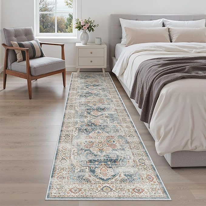 Madane Hallway Runner Rug 2x8 Washable Kitchen Rugs Non-Slip, Navy | Vintage Machine Washable Low-Pile Floor Carpet 8ft, Soft Ultra-Thin Throw Entry Foyer Mat for Entrance Laundry Living Room