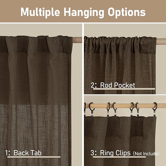Dark Brown Sheer Linen Curtains, Light Filtering Drapes 2 Panels | 80 inch Semi Sheer Panels, Farmhouse Curtains for Bedroom, Living Room, Window Treatment, Rod Pocket Back Tab, 52 x 80 Inch