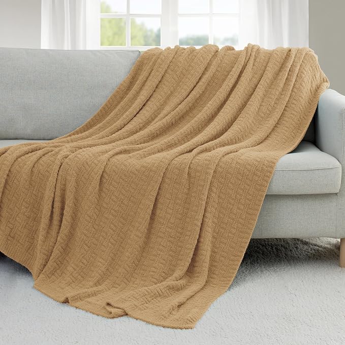 Camel Ultra Soft Knit Throw Blanket for Couch,50"X60" Microfiber Fluffy Cozy Warm Knitted Blankets with Checked Pattern for Sofa Bed