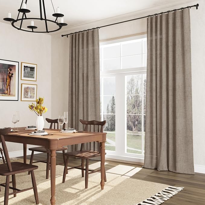 Khaki Linen Curtains 108 Inches Long 2 Panel Set Rod Pocket Semi Sheer Dining Room Cozy Bedroom Decor Cotton Look Country Rustic Farmhouse Boho Curtains 52x108