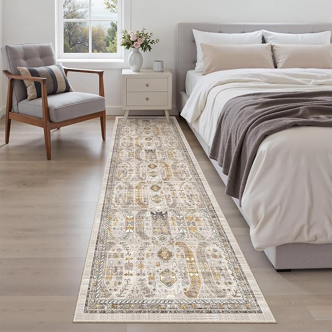 Madane Kitchen Runner Rug 2x7 with Rubber Backing Non Slip, Brown/Gold | Vintage Ultra-Thin Machine Washable Hallway Rugs 7 ft, Soft Low-Pile Throw Carpet Runners for Bedroom Bathroom Laundry Room